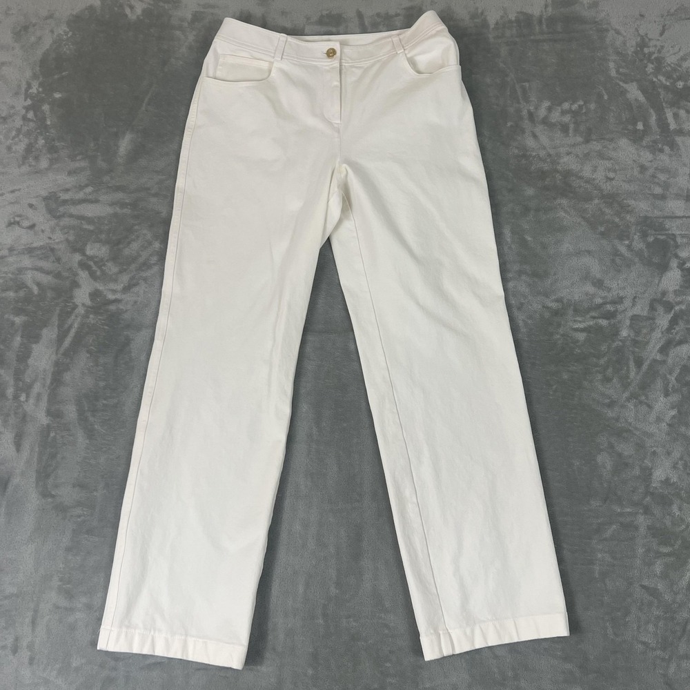St. John Pants Womens 8 White Twill Chino Straight Leg Gold Logo Made USA Casual